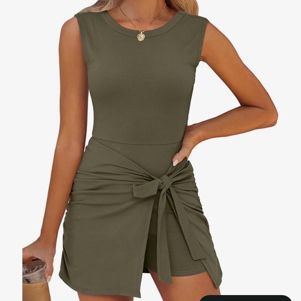 Sleeveless Bodycon Tie Cinched Waist Romper Skort Mini Dress Built in Shorts